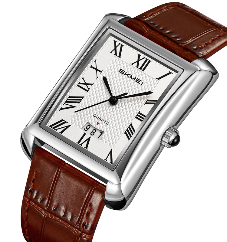 brown-4 Skmei 2575 Men Quartz Superior Genuine Leather Strap Waterproof Date Display Business Watch - Image 1